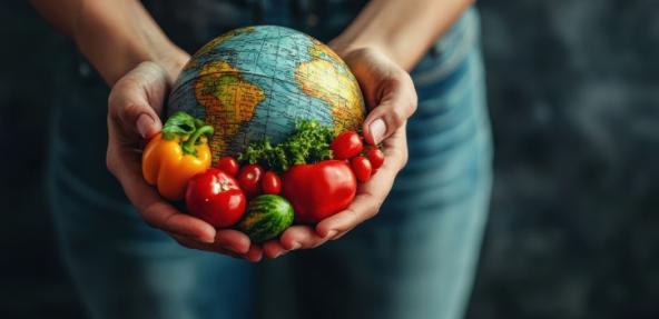 Person holding globe with an assortment of vegetables