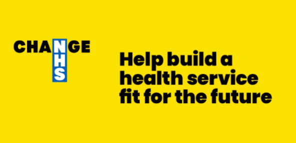 Change NHS logo with yellow background, with text reading 'help build a service fit for the future' 