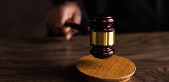 A photograph of a hand holding a court gavel.