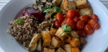 Variety of vegetables, vegan grains and croutons