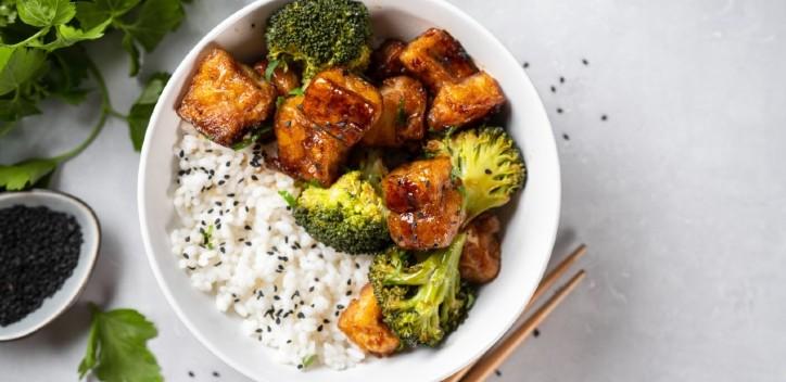 Overhead shot of tofu with rice in a bowl