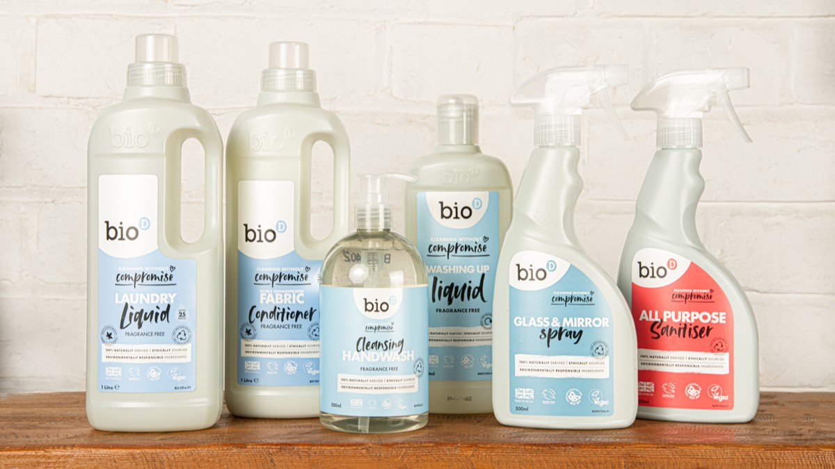 A group of bottles of Bio D cleaning products