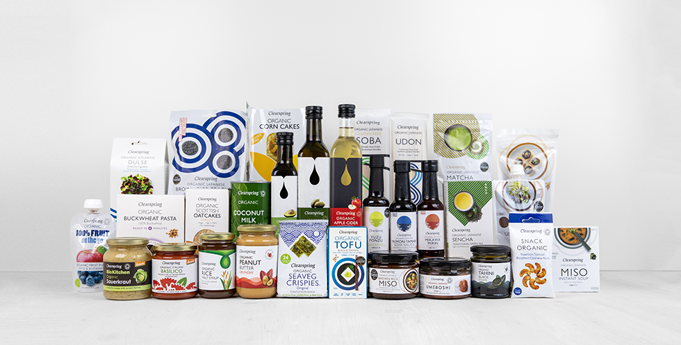 A photograph of the competition prize: a Clearspring bundle, featuring 30 organic and plant-based products