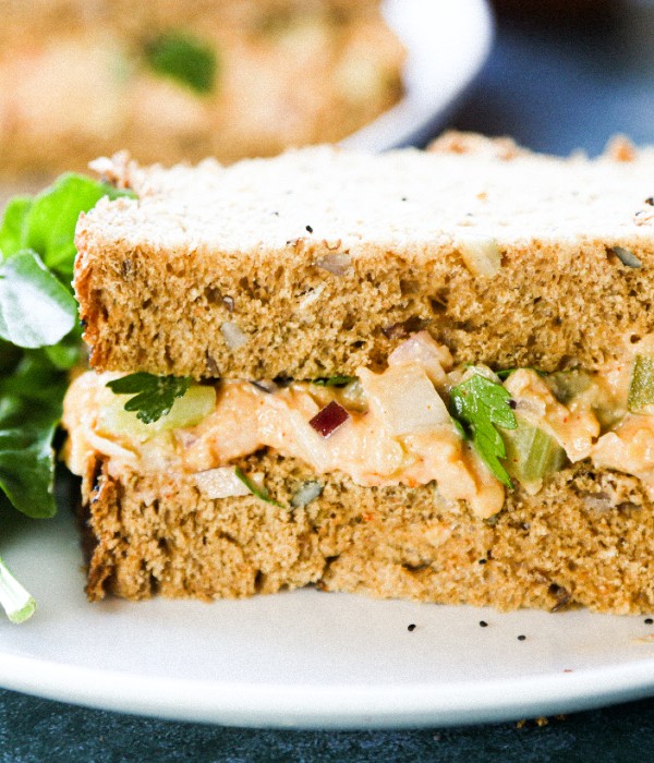 Close up of coronation chickpea sandwich