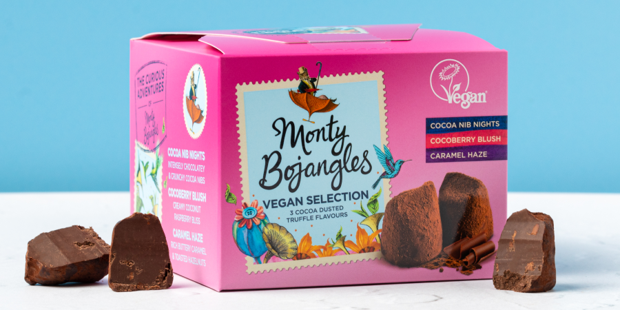 Monty Bojangles vegan selection chocolates box against a blue background