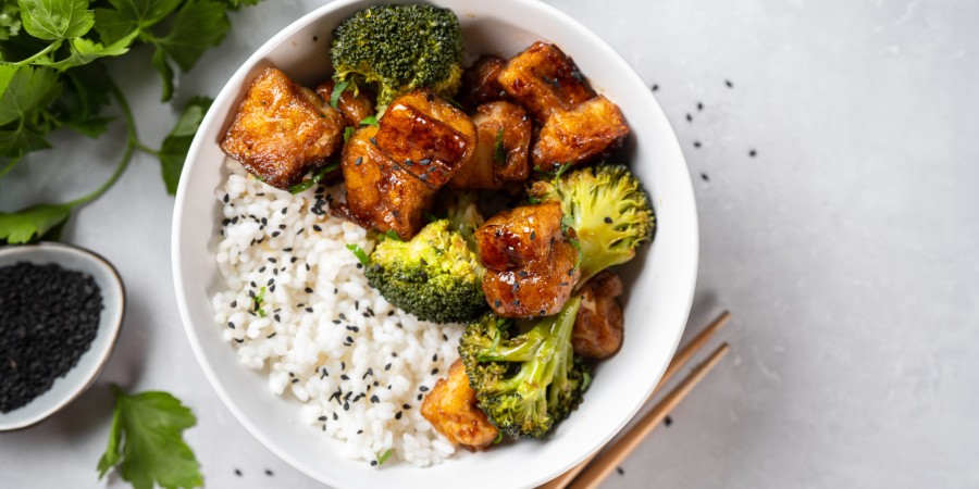 Overhead shot of tofu with rice in a bowl