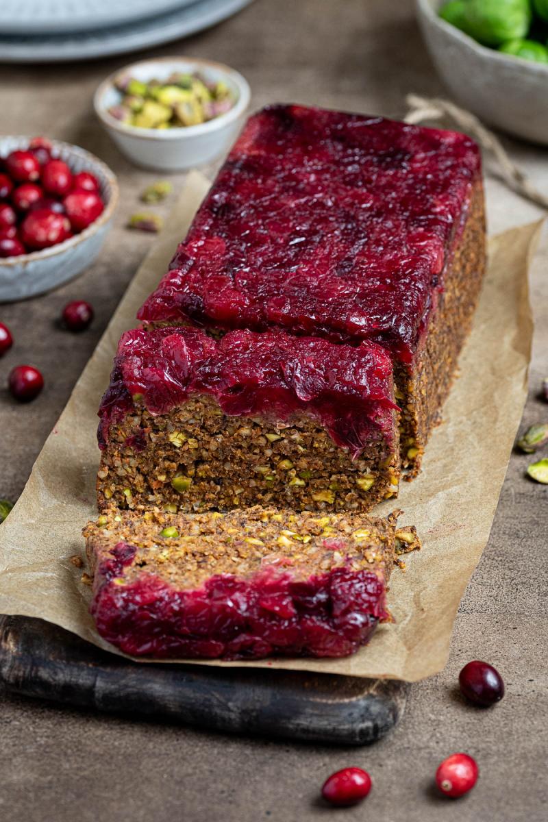 Pistachio Cranberry Nut Roast surrounded by ingredients